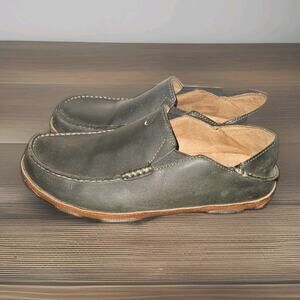 OluKai Moloa Mens Size 9.5 Black Leather Casual Slip On Loafers Shoes